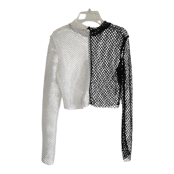 Sheer Two-tone Mesh Crop Top Medium Black White Festival Concert Metal Grunge - Picture 3 of 4